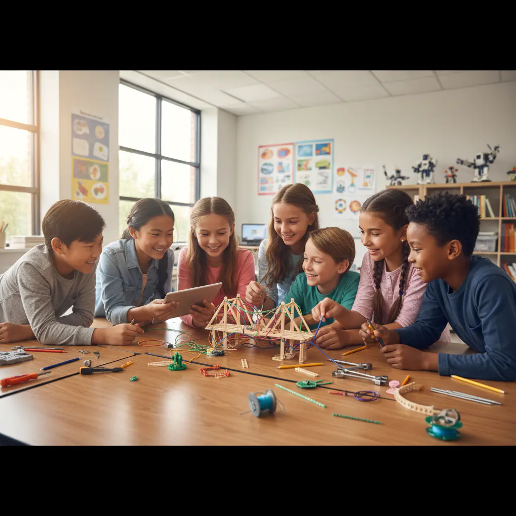 Group of diverse children collaborating on an engineering project