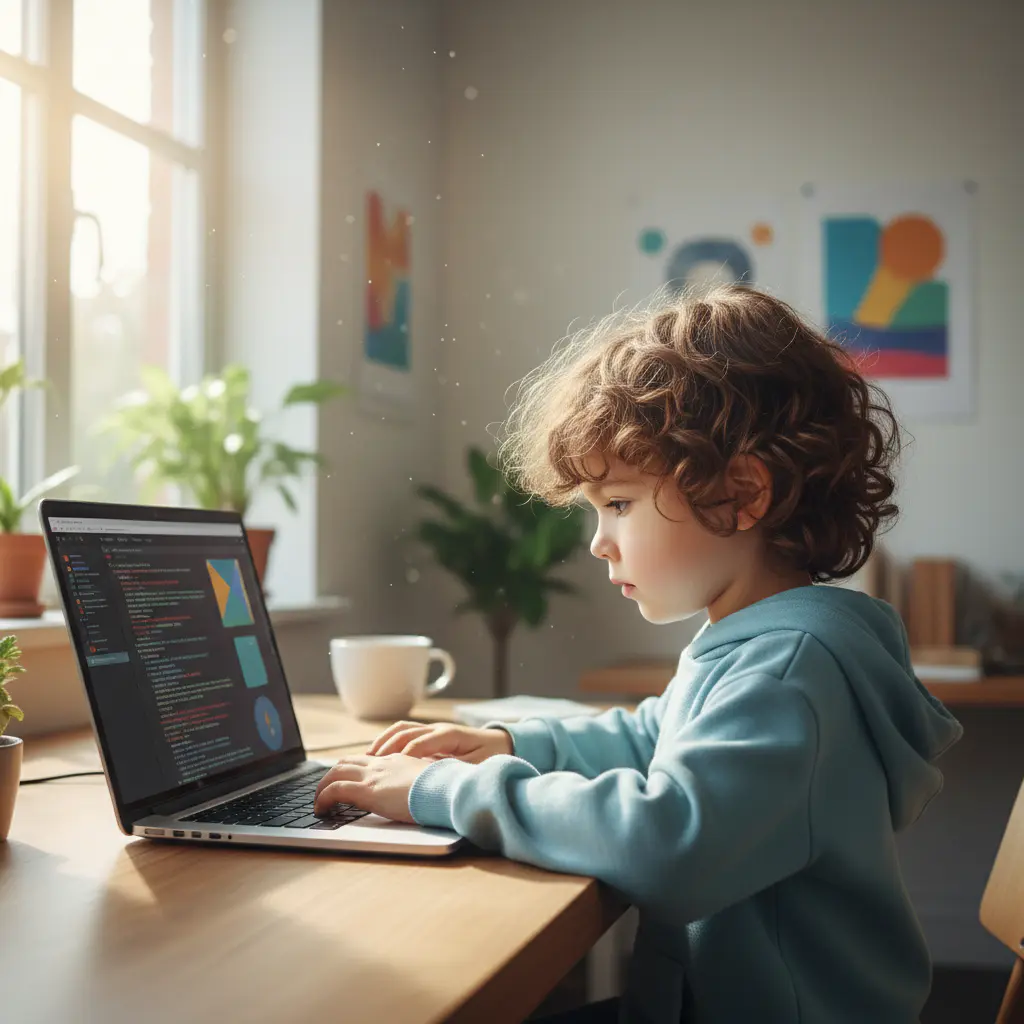 Child coding on laptop