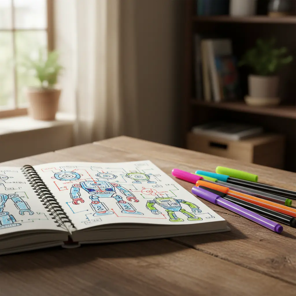 Open notebook with robot schematics