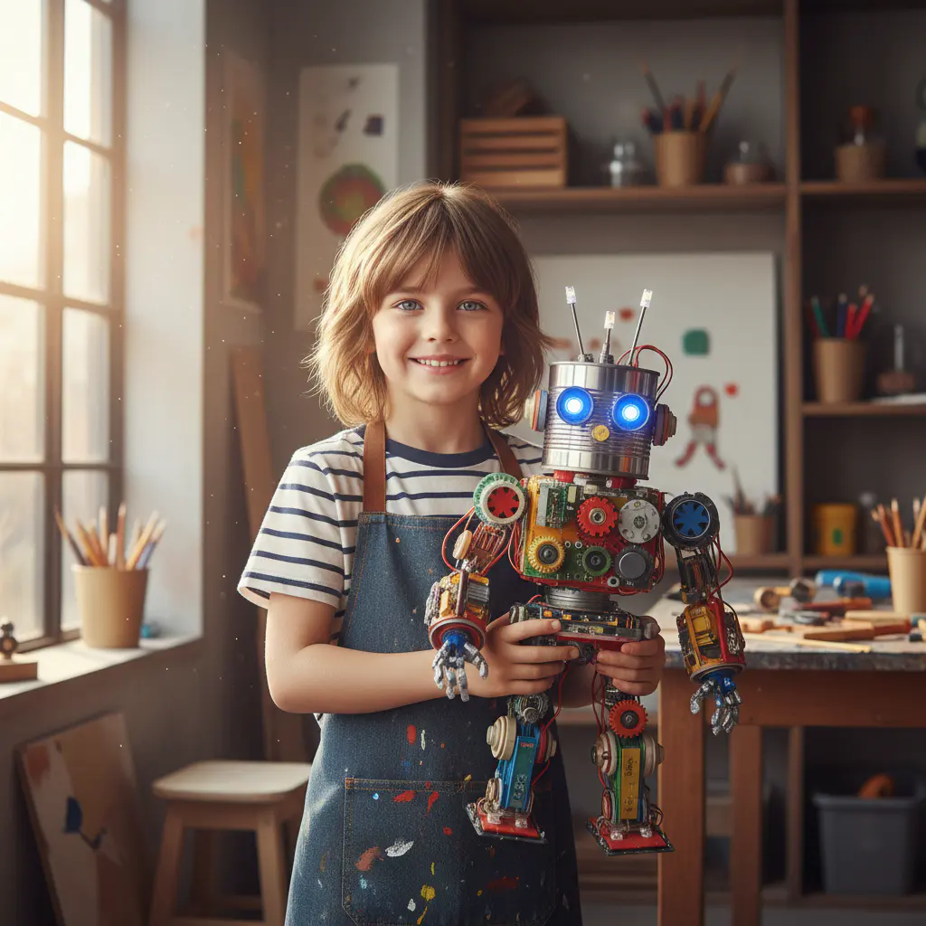 Child proudly holding their completed robot creation