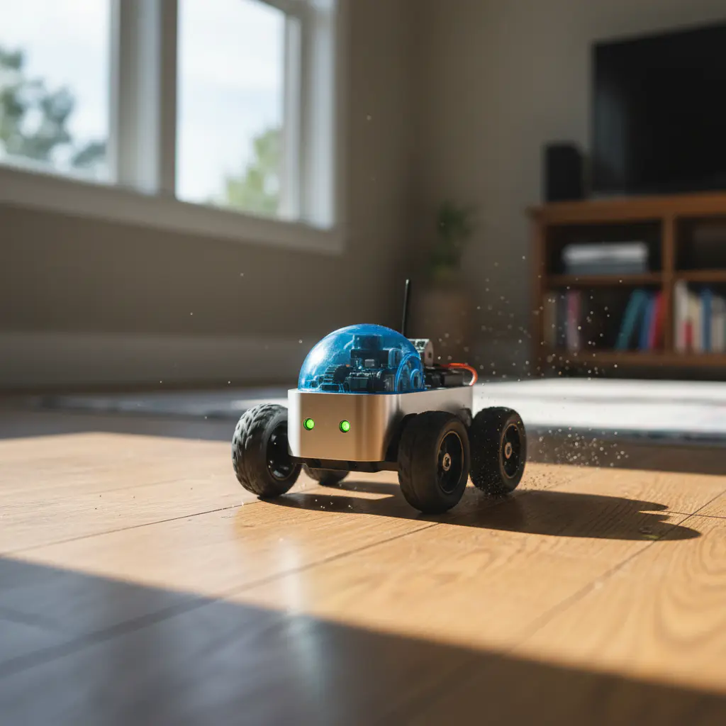Action shot of a small remote-controlled robot moving