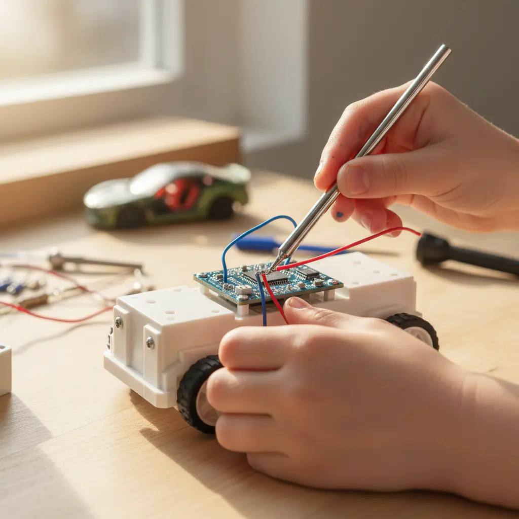 Close up of a kid's hands connecting wires on a small robot chassis